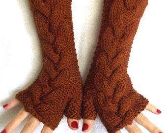Fingerless Gloves Knitted Wrist Warmers Copper Brown Cabled Soft Warm