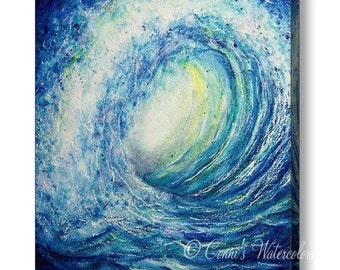 Wave Canvas Print Gallery Wrap Edge- Multiple sizes to choose. Ready to Hang! Beach Art Surfing Blue Wave Barrel Ocean Seascape