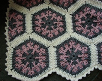 Handmade Crochet Rose Gray & Aran Kaleidoscope Afghan 48 x 68