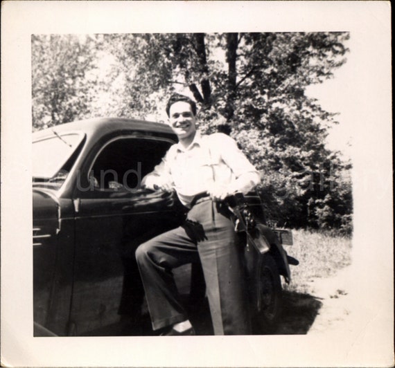 Vintage Photo Man Leaning on Two Door Coupe Black & White