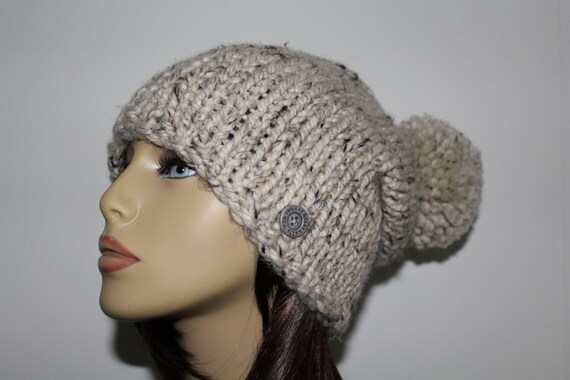 pom beige pom hat Beanie Hat, Hat, Bulky Beige Knit Pom Beanie Knit Hat, Pom Adult