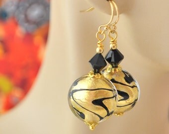 Gold and Black Venetian Murano Glass Beads, Gold and Jet Black Swarovski Crystal Earrings