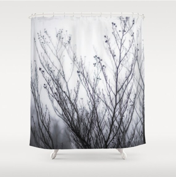 Shower Curtain Minimalist Winter Fog Branches Gray Black