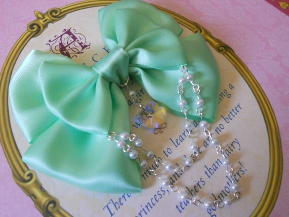 Sweet Lolita Hair clip or Brooch mint bow with glass heart and