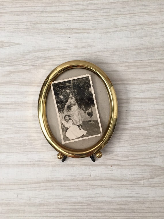 vintage brass oval picture frame / standing / easel / small