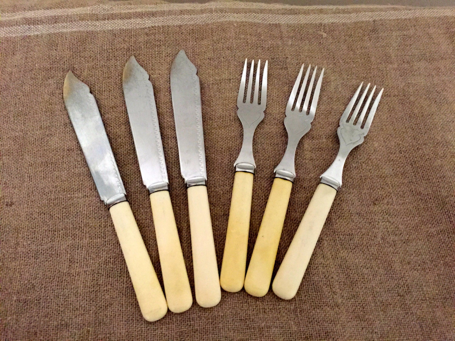 Six ENGLISH VINTAGE faux bone handle silver plate fish knives and forks ...