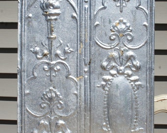 Genuine Antique Ceiling Tile - 12"x12" -- Distressed Silver Paint -- Rare Victorian Design with Torch