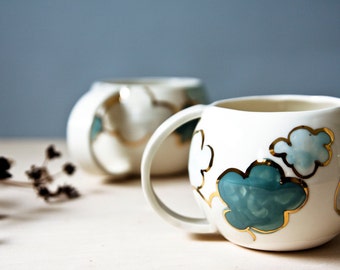 made to order, ceramic mug 'STORM CLOUDS', large coffee mug, Irish pottery mug, ceramics and pottery made in Ireland, white and blue pottery