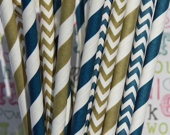 50 Gold and Navy Paper Party Straws, Navy and Gold Wedding Straws, Wedding Favors, Drinking Straws, Nautical Party Straws