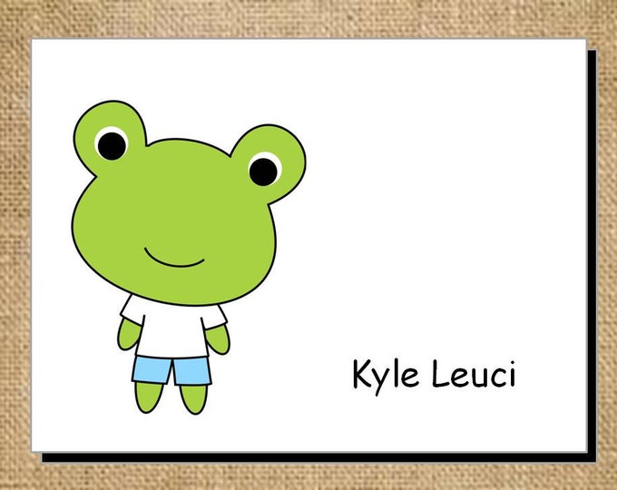 Set of Personalized Cute Frog Folded Note Cards - Thank You Cards - Blank Cards - Green and Blue Frog Toad Stationery