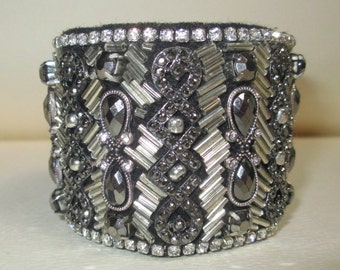 Cuff Bracelet Fabulous Gray Silver Heavily Beaded Detailed Fabric