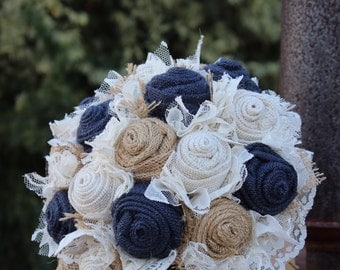 Navy Burlap and Lace Bridal Bouquet, rustic wedding bride's bouquet, rustic romance, burlap bouquet, navy wedding, keepsake bouquet, bride