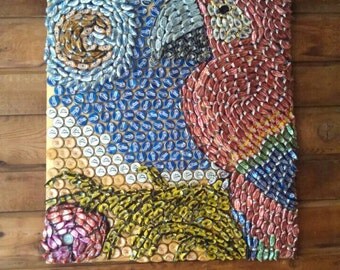 Beer Bottle Cap, Bottle Cap Art, Folk Art, Bottle Cap Red Macaw art, Statement art piece, Game room art, bar decor, resturant art