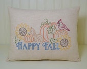 Happy Fall Decorative Pillow - Autumn Home Decor - Hand Embroidered Small Onsaburg Throw - Accent Pillow - Pumpkins - Sunflowers - FFFOFG