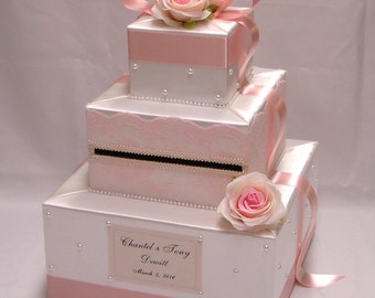 Ivory/Blush Pink Card Box-Lace , Rose , Pearl accents