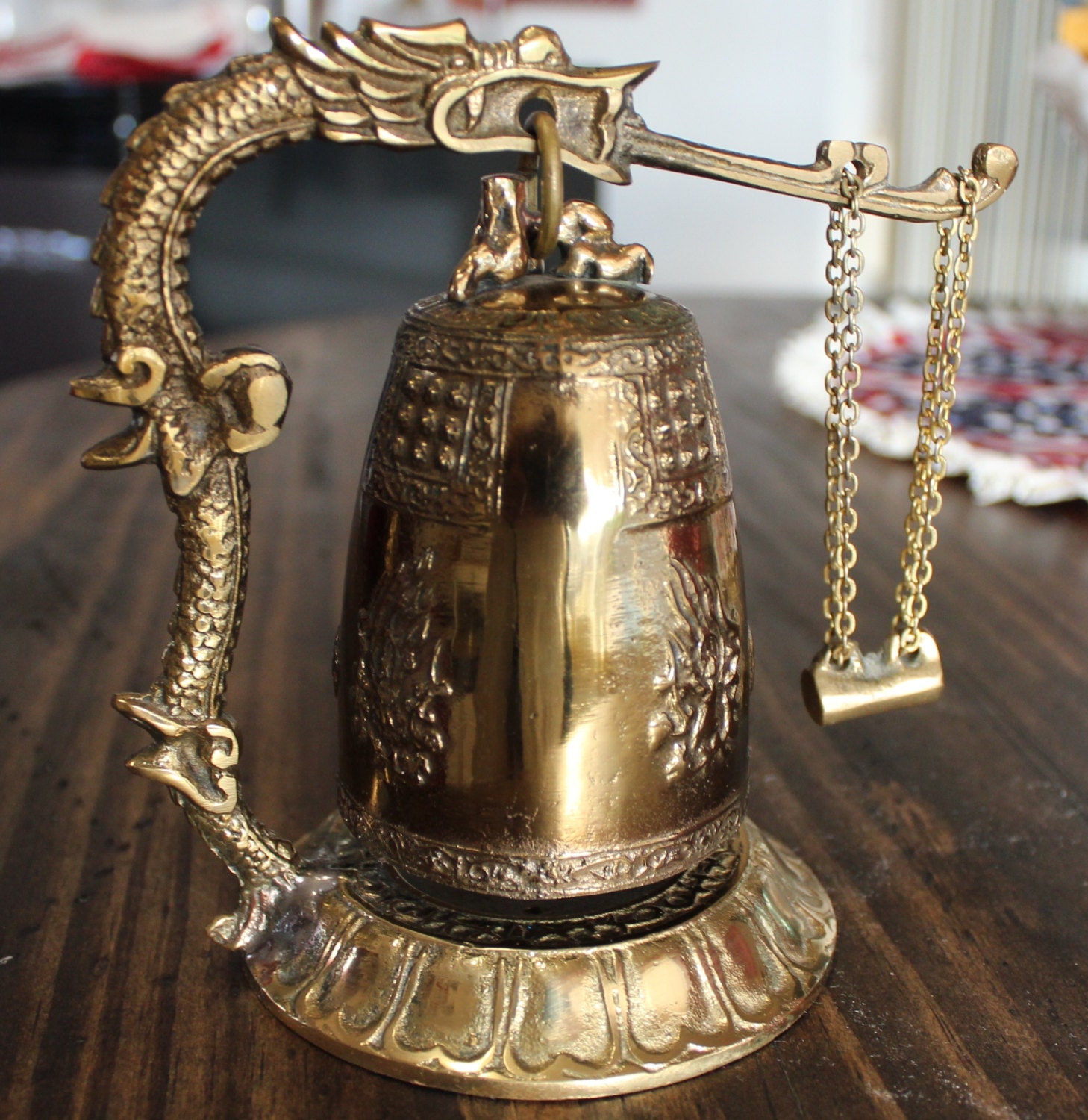 Vintage Solid Brass Tabletop Dragon Bell Shape Gong