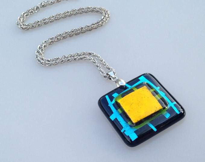 Large square vintage dichroic glass pendant and chain 18K gold filled stamped fob. Black glass pendant. Art glass pendant. Glass necklace.