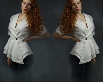 Vintage top / cute retro 80s peplum jacket / white ladylike secretary wrap coat