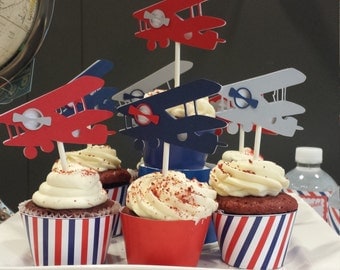 Vintage Airplane Cupcake Toppers | Vintage Airplane Baby Shower | Airplane Birthday | Gray, Navy, Red Set of 12