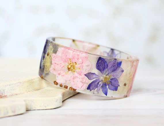 Pink and Purple Larkspur bracelet - Epoxy resin bracelet - Real flower Bracelet