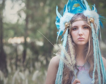 Aqua & Gold Indian style feather Headdress - Indian - Festival - Pageant - Rave - burlesque - boho - handmade.