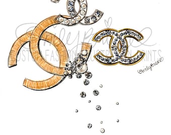 Fashion Illustration DRAWING print of "Chanel", 3 Chanel Brooches in honor of Coco's 131st Birthday. Illustration By Emily Brickel