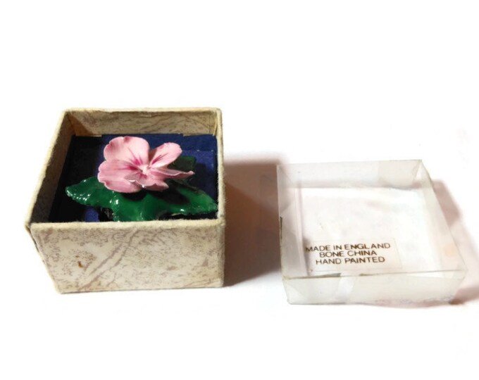 FREE SHIPPING Bone china pansy brooch, English hand-made and painted floral pin, in original box from store in Bermuda - Pearman Watlington.