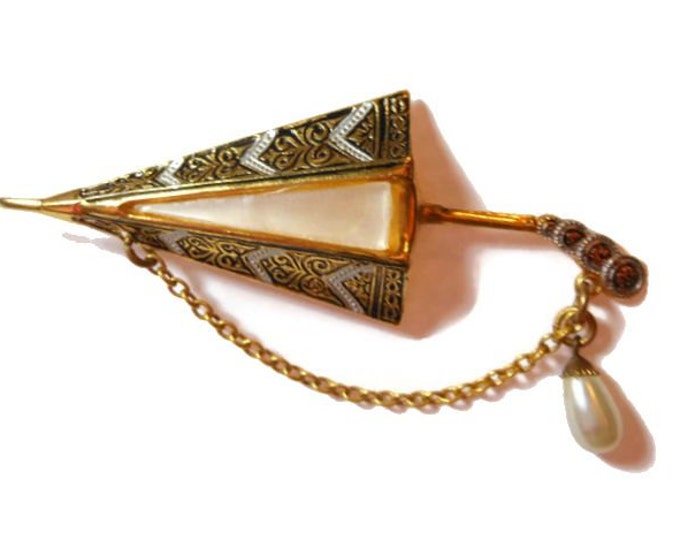 FREE SHIPPING Damascene umbrella brooch, Toledo ware mother of pearl brooch with dangling chain and faux pearl drop, parasol, mid century