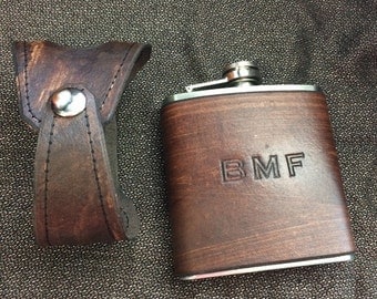 Custom Leather Covered Flask. WITH Holster Holder. You Can Pick Initials. Groomsman Gift