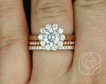 Rosados Box Blossom 6.5mm, Buddha Bds, & Pernella 14kt Rose Gold Round F1- Moissanite and Diamonds Flower TRIO Wedding Set