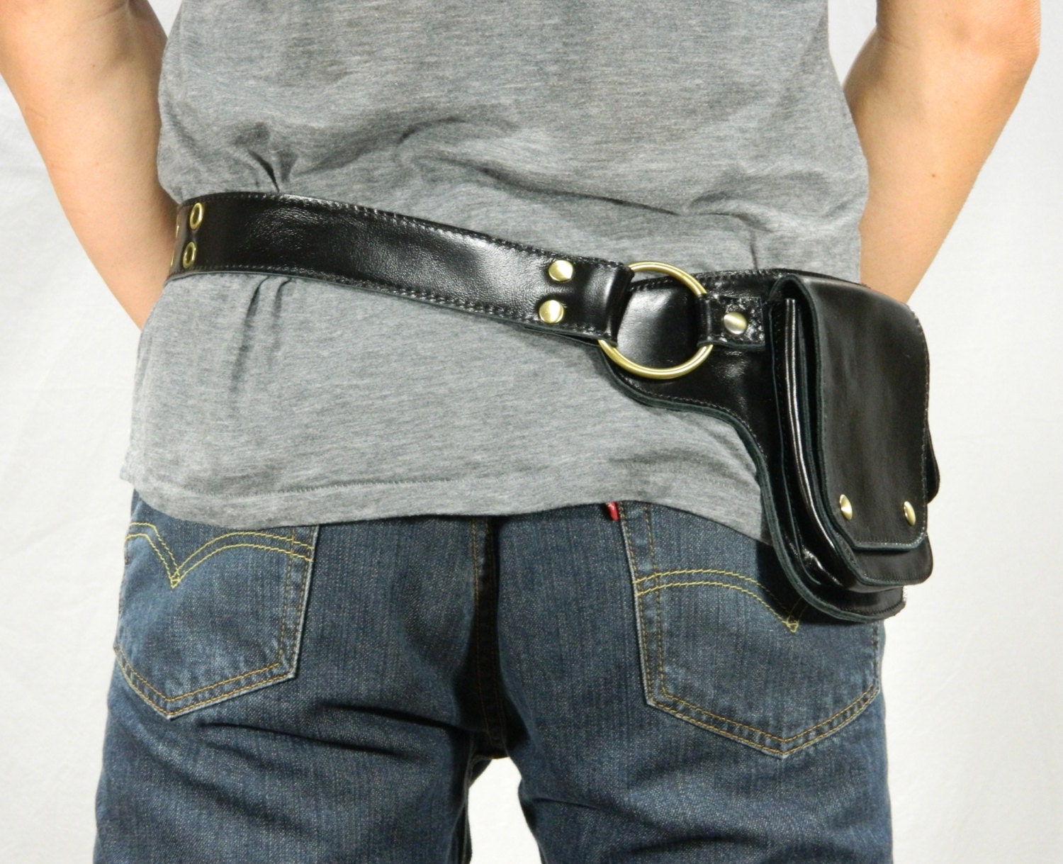 Men's Hip Pack Leather Utility Belt Black/Antique Brass