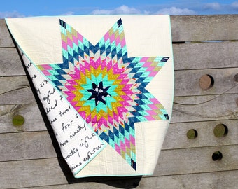 Modern Lap Quilt Wall hanging Lonestar or Star of Bethlehem Pattern Pink Blue and Cream