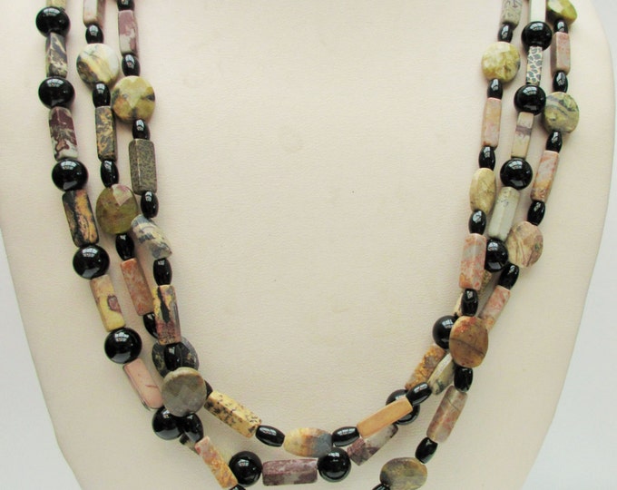 Boho Gemstone bead necklace- Triple strand - Agate,jasper,onyx - 23 inches - Handmade