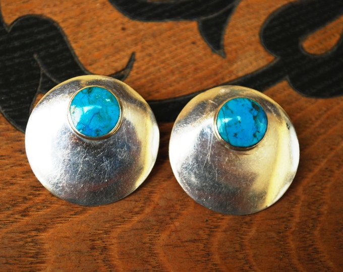 sterling silver turquoise earrings Large round pierced southwestern tribal boho