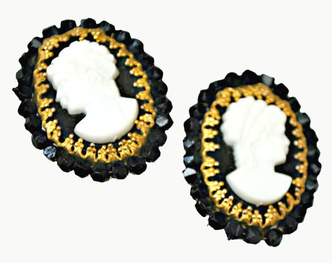 Cameo Earrings - Original by Robert - Black White and Gold - Clip on earring