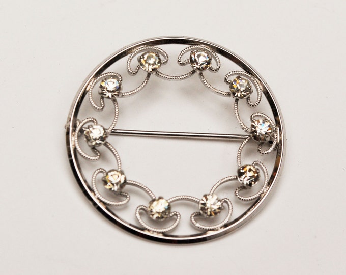 Krementz Rhinestone Brooch - Silver tone metal - Clear crystal - Round Wreath - Mid Century Pin