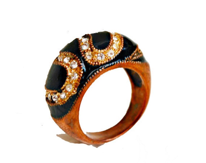 Copper Ring - Black Enamel - Clear Rhinestone - Swirl size 7 Ring