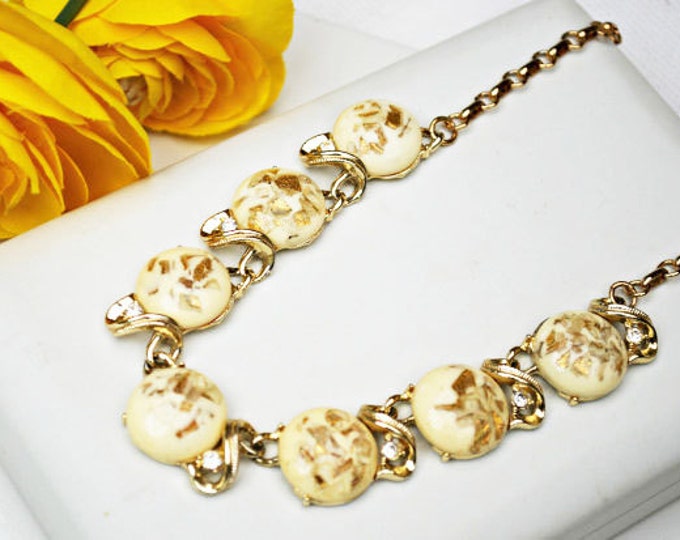 Vintage Confetti Thermoset link necklace - signed Coro - Cream with gold confetti - Mid century Necklace