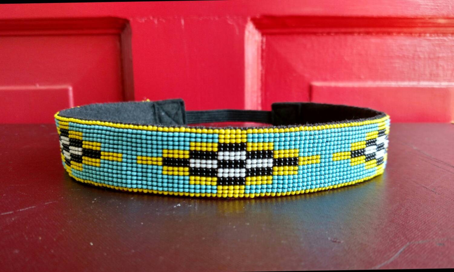 Beaded Headband With Aztec Native American Pattern And Black