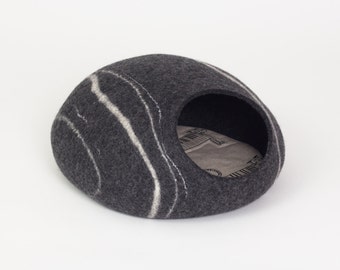 Dark grey river stone felt cat cave/ safe kitty house (With GIFT pad)