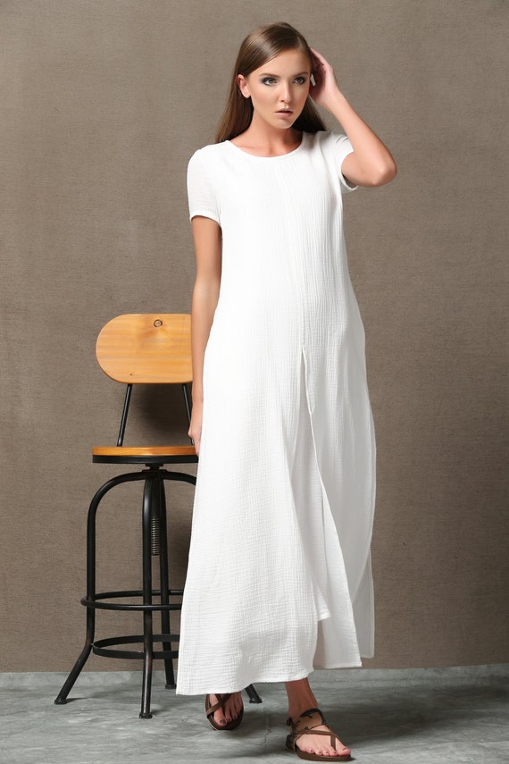 White Layered Cotton Linen Dress Loose Fitting Short Sleeved