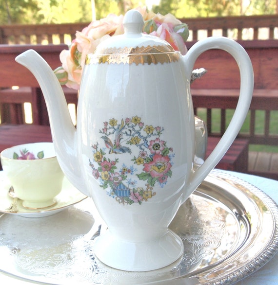 Vintage Teapot Pretty Tea Pot Floral with Birds Flowers and