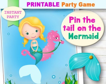 PIN THE TAIL on the Mermaid, Printable party game, Mermaid Party Ideas. Cute Mermaid Party Decor. Printable Undersea Item.