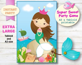 LARGE - Instant Download, Pin the Tail on the Mermaid. Printable Mermaid Party Game. Pool Party Printables.
