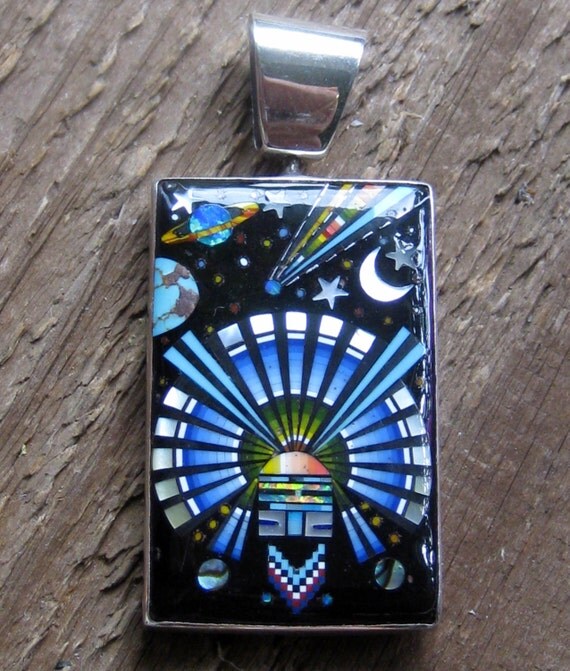 Vintage Southwestern Inlaid Pendant Sterling Silver