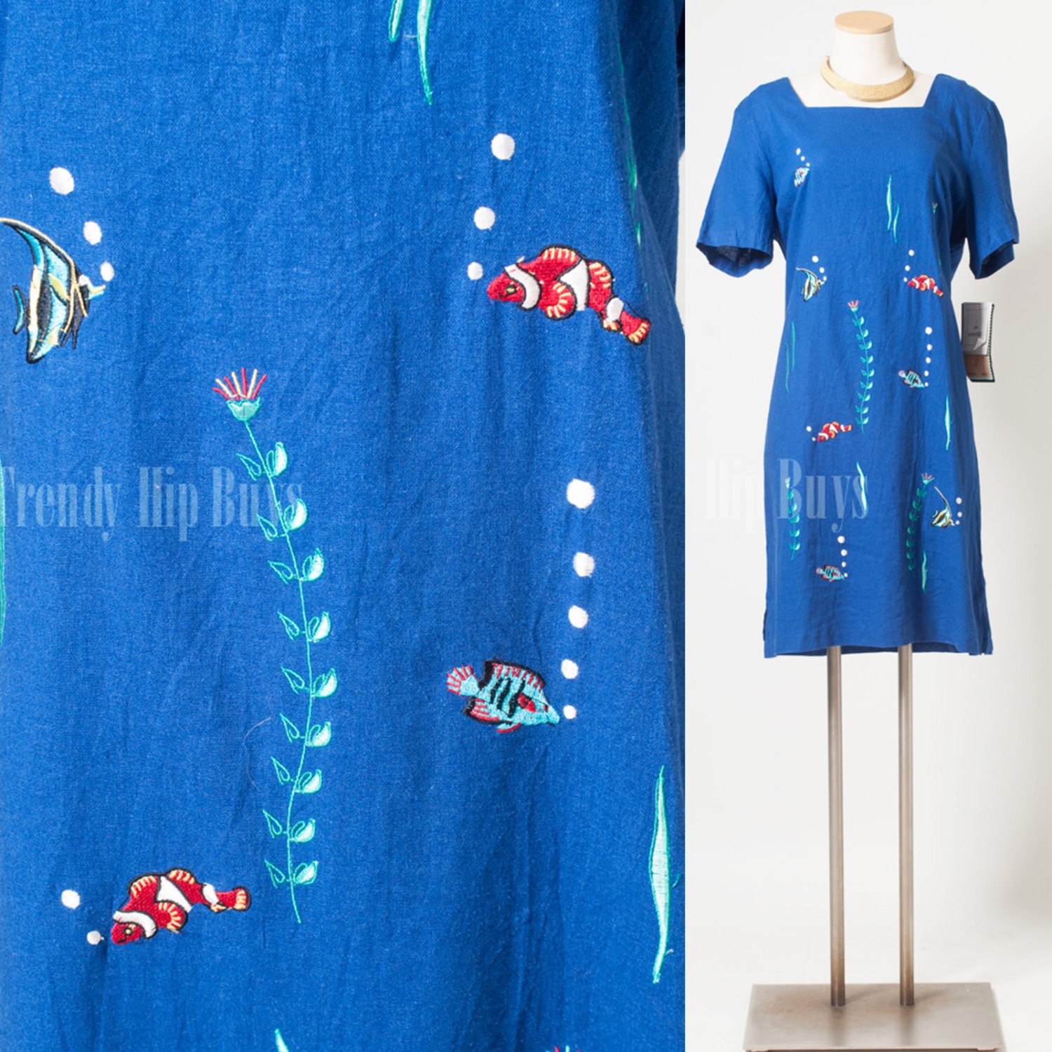 Vintage Dress, Vintage blue dress, Embroidered Dress, fish dress ...