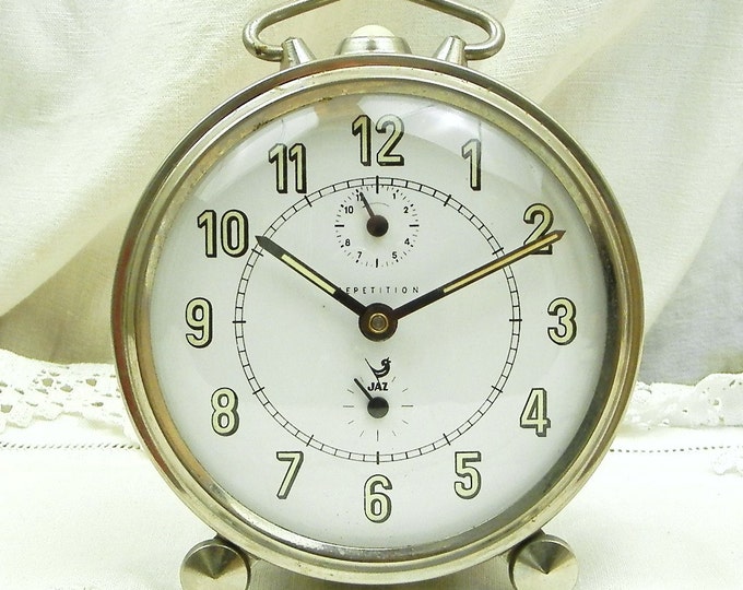 Large Working Vintage Mid Century Chrome Metal Jaz Wind Up Mechanical Alarm Clock, French Bedside Timepiece, Brocante Bedroom Decor