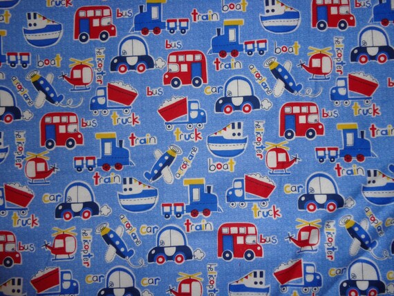 Blue Car/Truck/Plane/Vehicle Flannel Fabric by the Yard