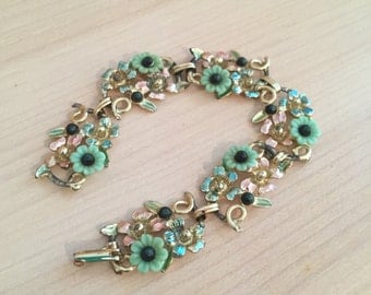 Vintage Floral Bracelet Aqua Pink And Gold Tone Metal And Plastic Flower Link Bracelet