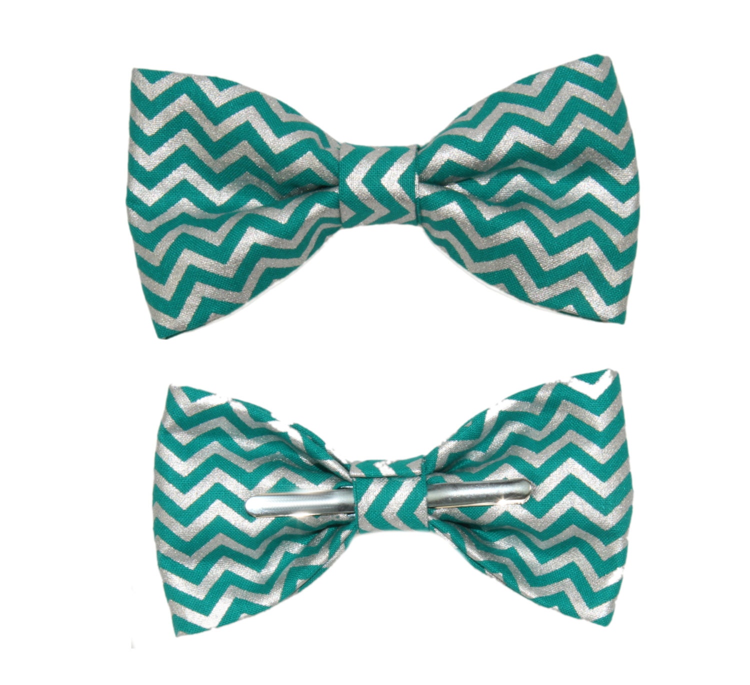 Metallic / Teal Chevron Clip On Cotton Bow Tie Choose Boys